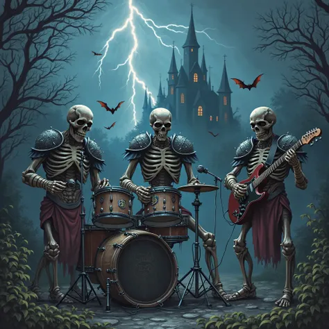 Band with 3 strong skeletons wearing armor and each one playing a different musical instrument like drums, guitar and keyboard o...