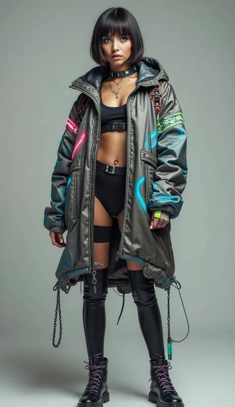 Full-body portrait of a futuristic woman with a retro hacker aesthetic. She has a melancholic and slightly depressed expression,...