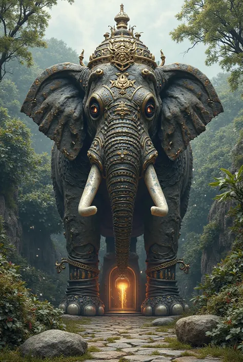 A house with an entrance in the shape of an elephant with armor
