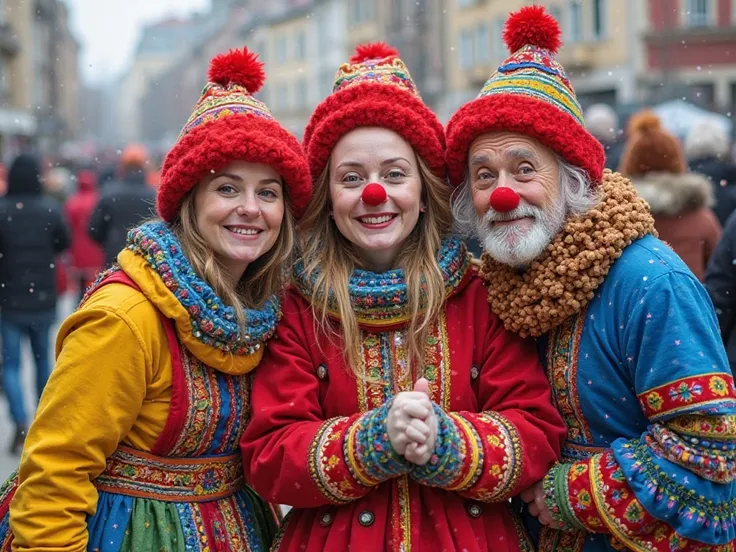three people, dressed in colorful clothes, posing for a photo , holding , excited Russians , Russian clothes , Russian costu...