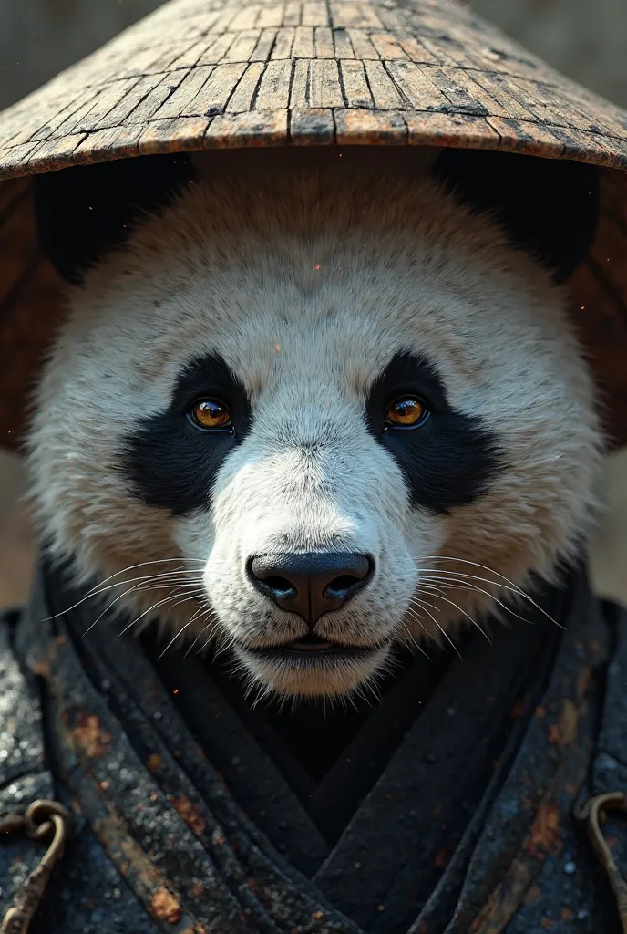 close up realistic with Non La on a warrior black panda head