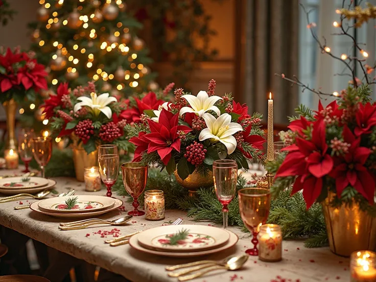 A beautifully decorated holiday table filled with an assortment of Christmas-themed florals, ranging from lush centerpieces to l...