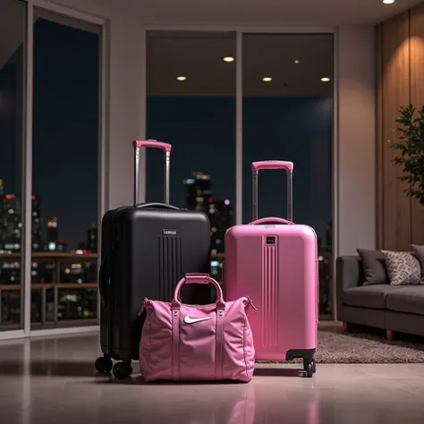 Create an image with a black suitcase with the name "Chase" two pink suitcases one small and one large with the name "Madelyn" A...