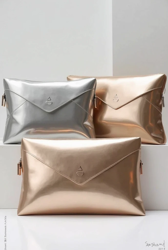 muliple futuristic metallic high gloss mirror like clutch bags in silver and gold colours