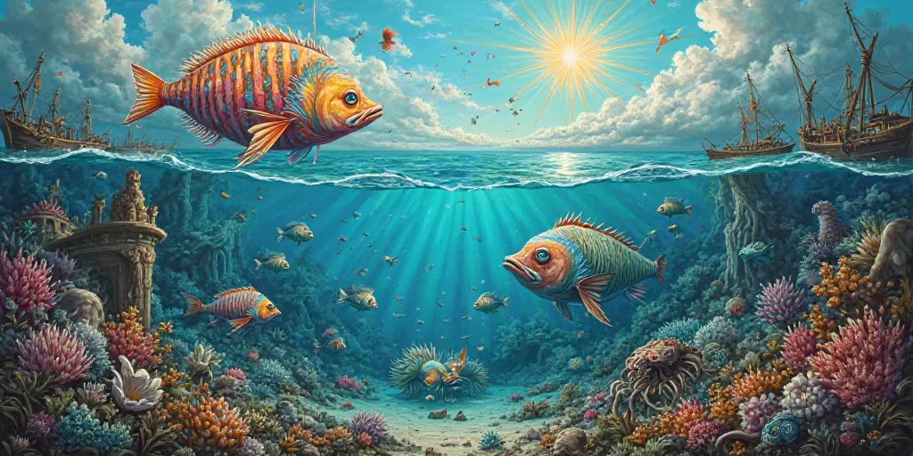 Conceptual art painting of the seabed with big fish and sea creatures, sun in the water and an island on the horizon with old bo...