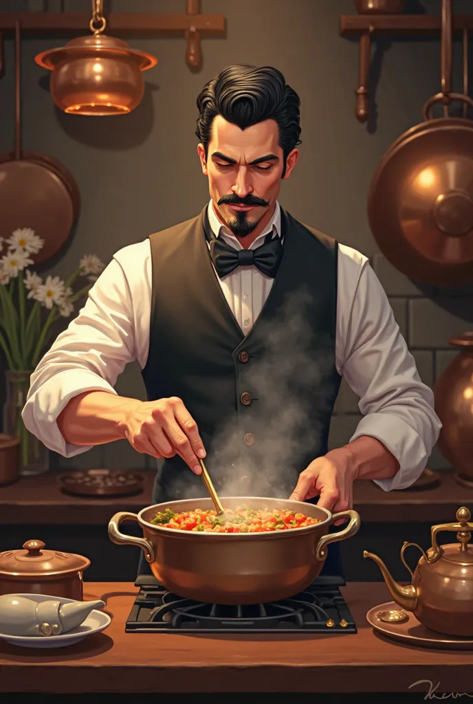 a well-groomed black-haired man with a long, thin mustache cooking in a pot