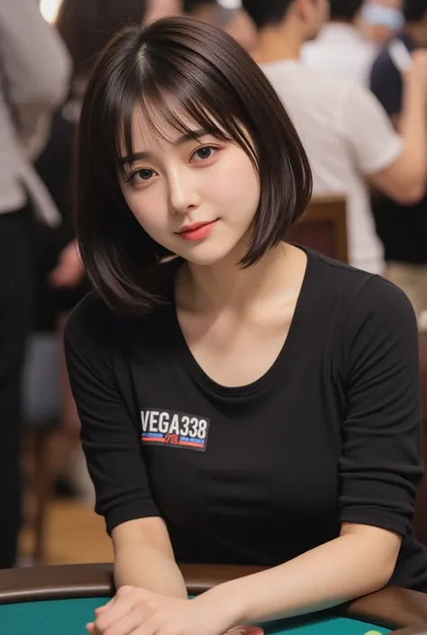 A beautiful and sexy short-haired Korean woman with big breasts in high definition is smiling slightly at the camera. The top sh...