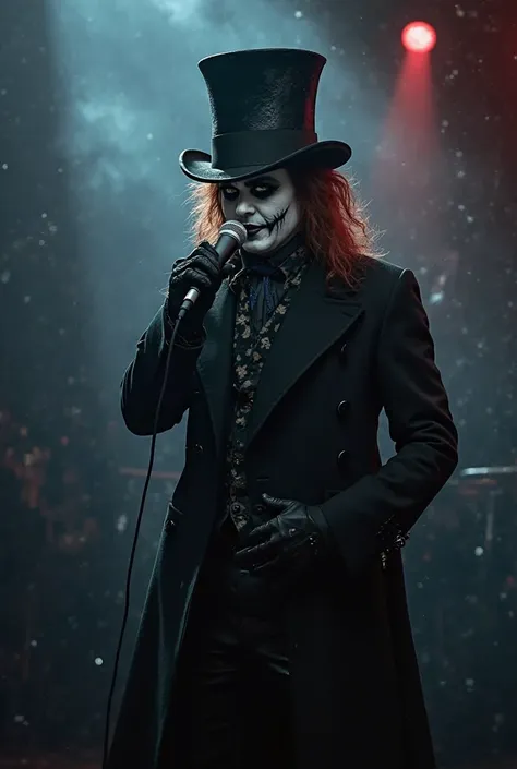 **"A full body image (full lenght) that shows the Mad Hatter with a black top hat, a black overcoat, he wears gothic makeup, sin...