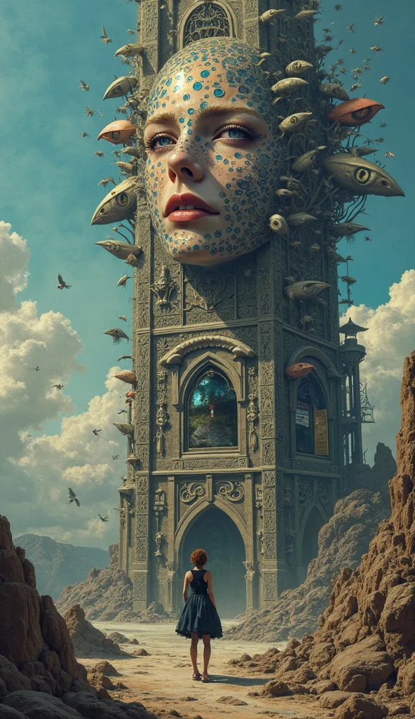 a surrealistic painting of woman,  a surrealistic Tower of Babel with eyes
