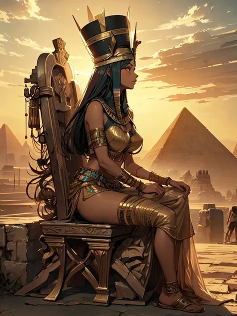 a beautiful Egyptian goddess at an angle with her in the front pose, sitting on a throne , with the clothes and hat of an anci...