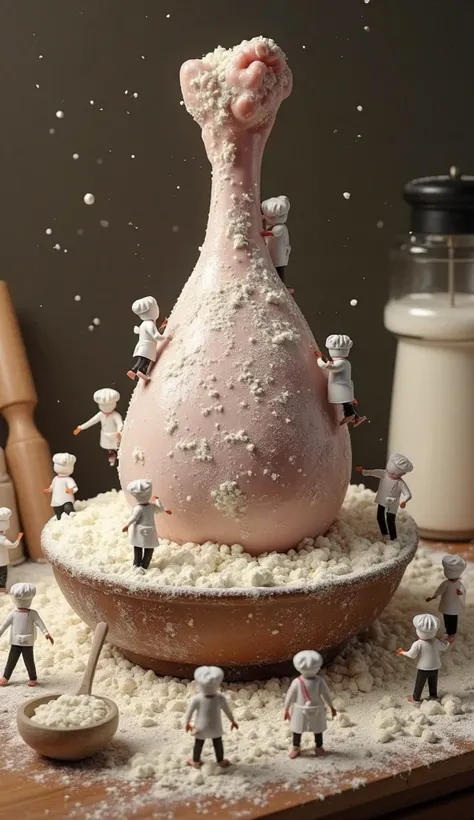 A group of tiny humanoid chefs, each wearing white chef hats and aprons, working together to coat a gigantic raw chicken drumsti...