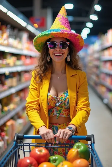 Create a woman wearing street party clothes, colorful clothes, a carnival party with a supermarket shopping cart, "full of shopp...