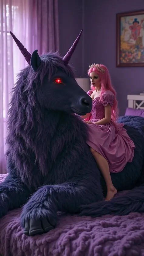 In an all dark purple bedroom a giant evil unicorn queen covered with thick black fur red glowing eyes a purple mane and a long ...
