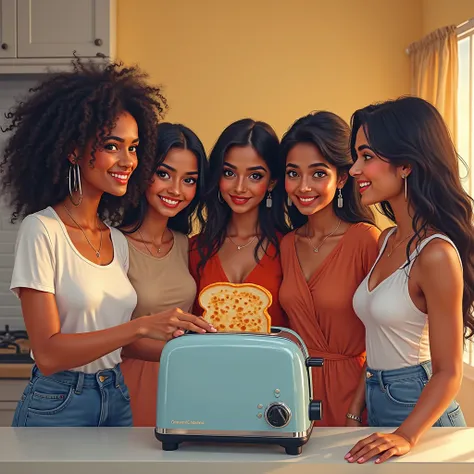 South Asian young women wearing western dress holding a toaster