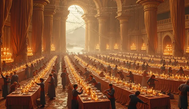 Construction of the Banquet Hall**
**Prompt:** A colossal banquet hall near a sparkling river, its architecture grand and vast...