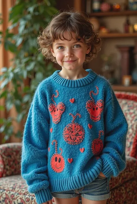 Oversized blue sweater with red prints