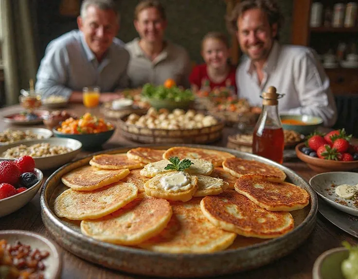 Slavic-style feast on the table pancakes a lot of pancakes photography as a real style in life