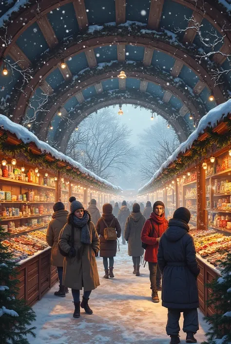 Under roof cannabis stalls, winter time, people gathering