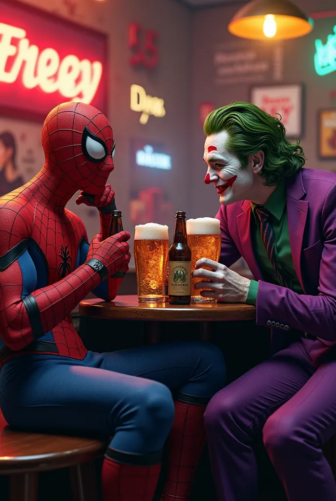 spider man and joker are drinking beers
