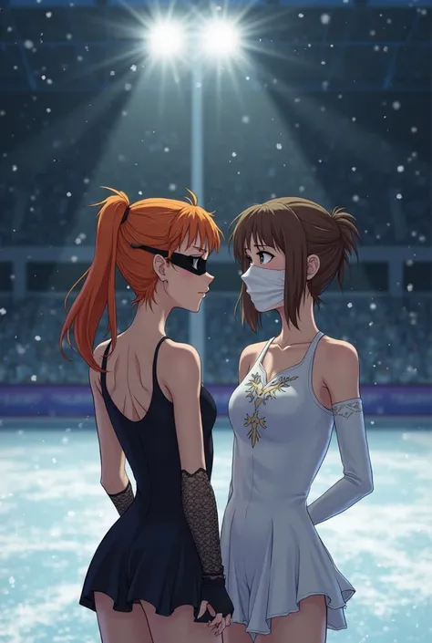 Ice rink, Stadium. Two female figure skaters. There is one spotlight burning on their tops. The girl has a figure skating outfit...