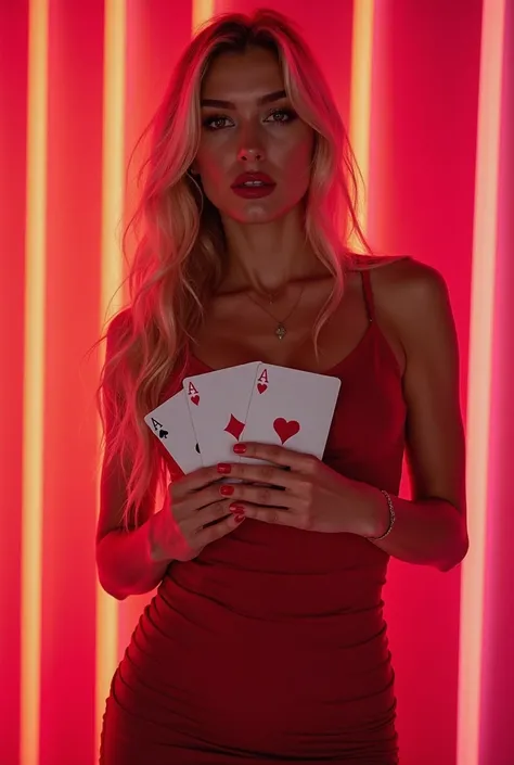 Portrait of a beautiful sexy European model, posing in studio lighting, long blond hair, red dress, Posing Sexually, full heigh...
