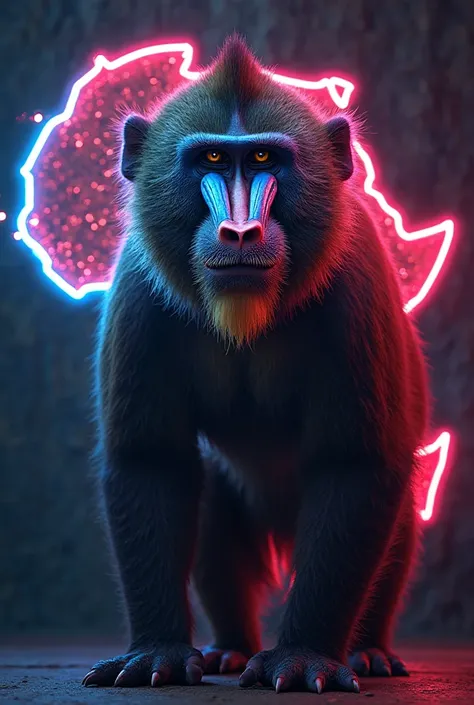A mandril animal with a map background of Africa but in a watermark format and with lighting around neon