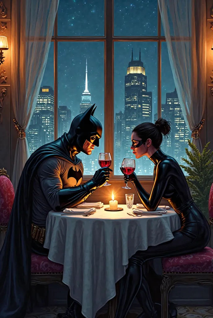 romantic scene between Batman and Catwoman in a restaurant:

---

**Romantic scene: Batman and Catwoman at an Intimate Dinner**
...