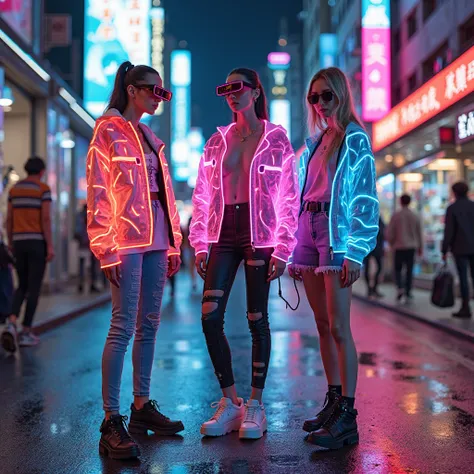 "Models wearing futuristic streetwear outfits of 2025, with a luminous neon jacket, stylish AR glasses, self-lacing shoes, and s...