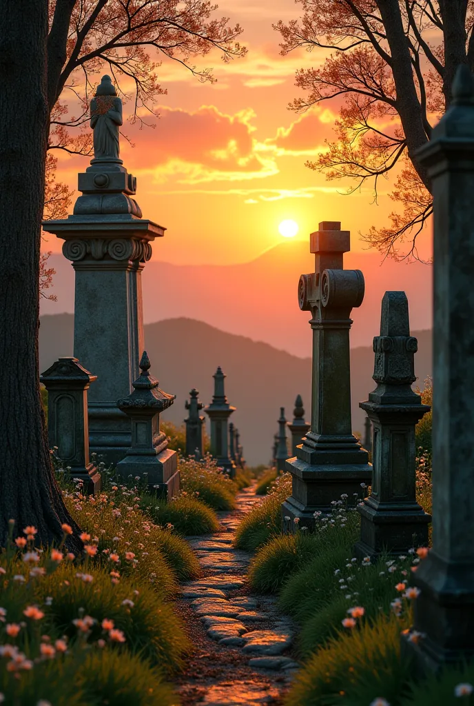 Cemetery with an orange sunset in the background