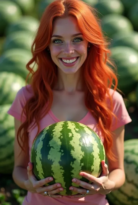 a woman, tall. long, red hair. 5 breast size. He's wearing a T-shirt. He holds his hands in front of him, holding a watermelon. ...