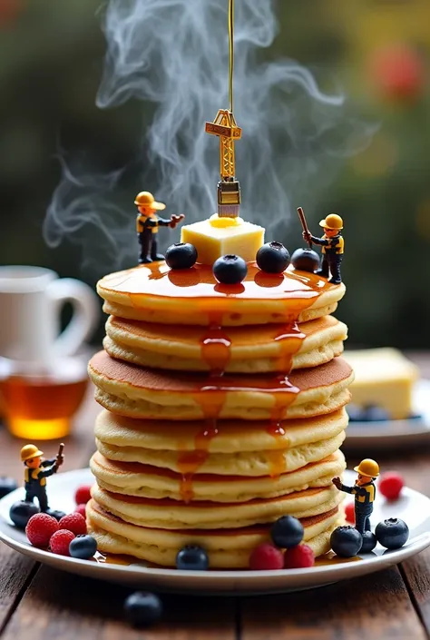A stack of golden, fluffy pancakes drizzled with maple syrup, topped with butter and fresh berries. Miniature construction worke...