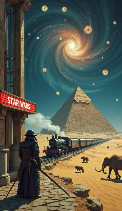"A surreal and visually striking scene blending all three facts into one time-warping image: On the left, a towering guillotine ...