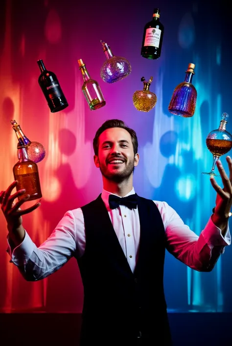 aidmaRealisticPeoplePhotograph, an elegant joyful bartender juggling colorful bottles of many colors, the wall behind her has sh...