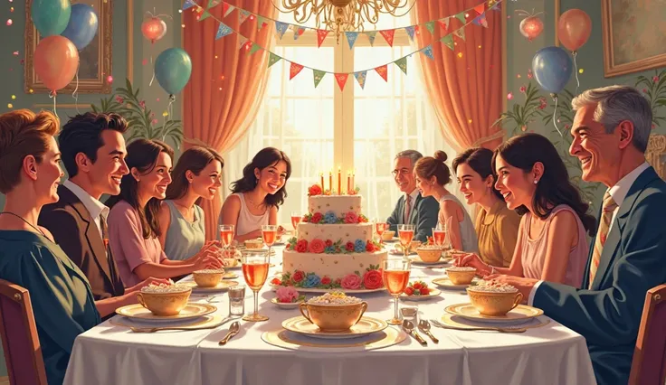 room, the room has a festively set table, at the table, celebrating a birthday, illustration, high detail, 8 k