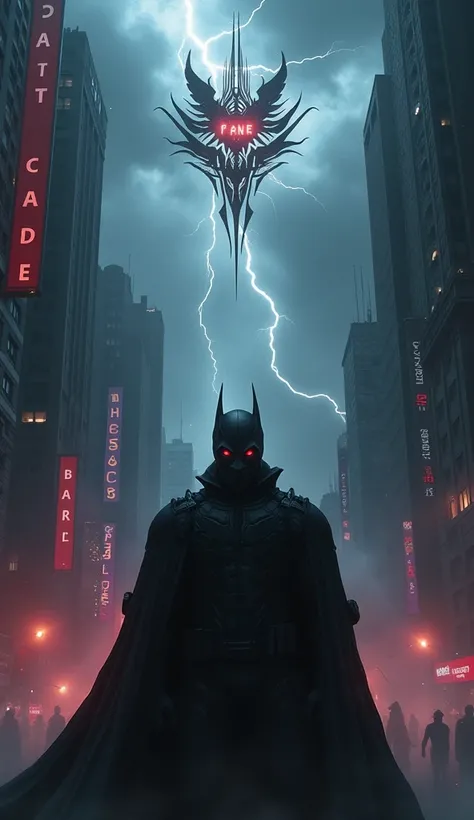 "A city plunged into darkness, with skyscrapers shrouded in fog and red lights flashing in the distance. In the center of the sc...