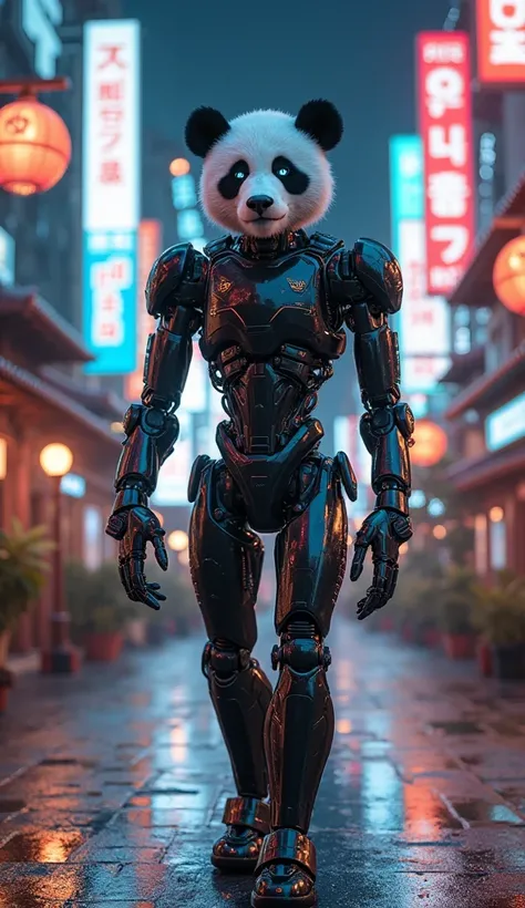 A sleek humanoid cybernetic panda, walking through a neon-lit Seoul street at night. Its body is human-like, with a sturdy robot...