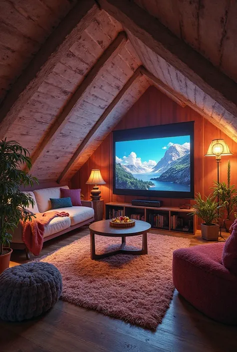 Amenagement de combles basses, environ 170cm au milieu, 20m², style salle de jeux ou de cinéma, mur insonorisé