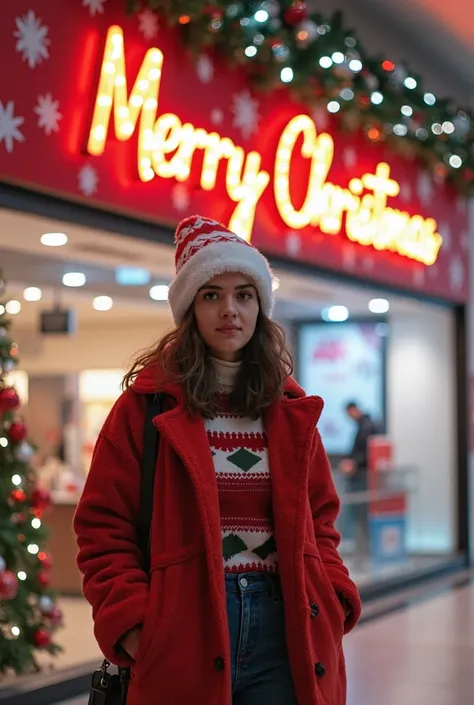 arafed woman standing in front of a merry christmas sign, wearing festive clothing, appearing in a shopping mall, in a mall, at ...
