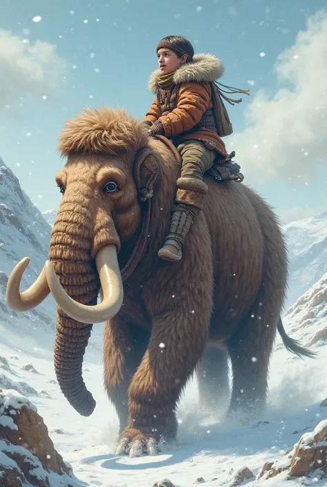 

Second scenery is that boy in riding the mammoth on its back in the snowy surrounding 
