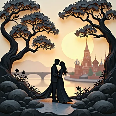 A beautiful and artistic paper composition with the image of a couple of lovers under the text: "BlackLove", made in an elegant ...