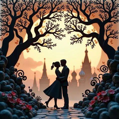 A beautiful and artistic paper composition with the image of a couple of lovers under the sign: "Black Love", made in an elegant...