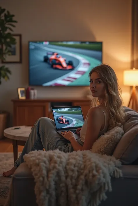 A blonde woman is sitting on the sofa working on her laptop. Meanwhile, Formula 1 is playing on TV in the background and the wo...