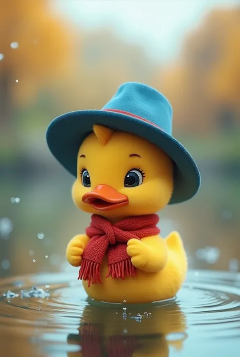 Pixar cartoon style, Wearing a blue hat、Little cute little yellow duck with a red scarf around his neck by the lake