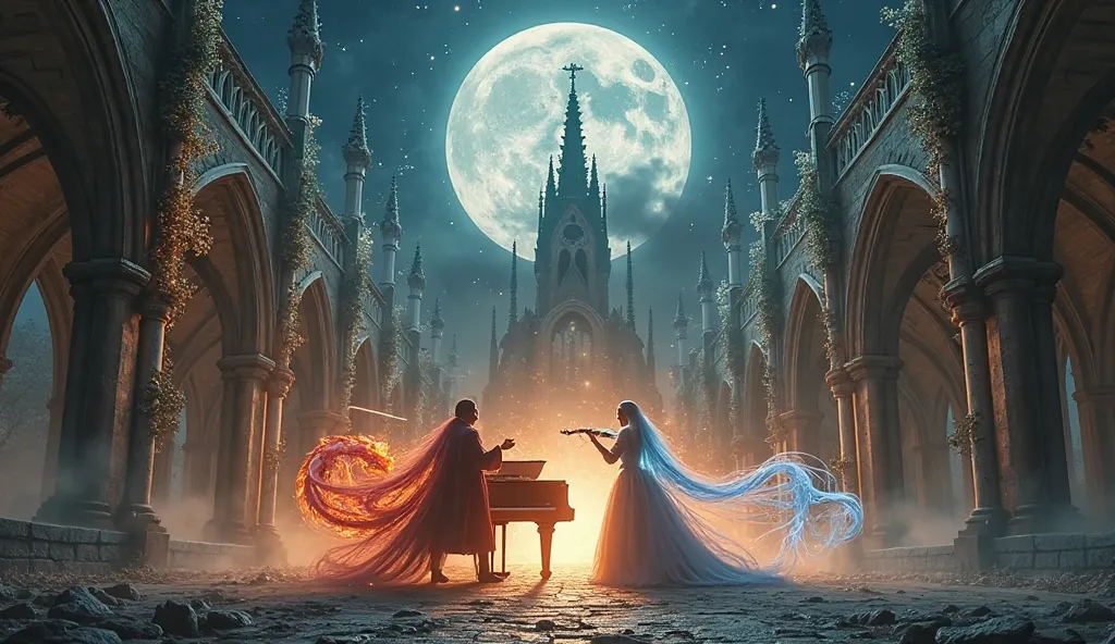 "Ruins of a gothic cathedral under the light of the full moon, with stone arches covered by luminescent vines. Two musicians mag...