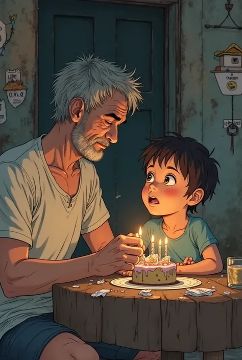 Make anime father and boy and its boy birthday they're poor like in the Philippines the expression of the boy sad his dad is si...