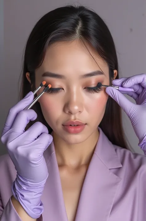 Create an image with my face, dressed in a lilac outfit, crossed arms holding tweezers and brushes for applying eyelash extensio...