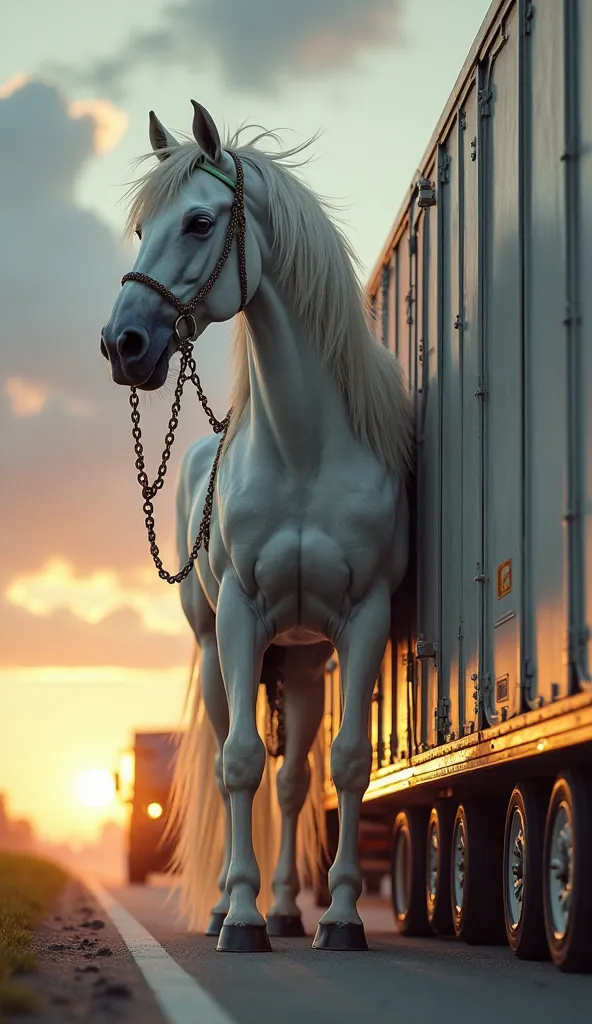 

Prompt for AI Video Generation:
"A hyper-realistic scene of a massive white horse, chained and standing on a large truck trail...