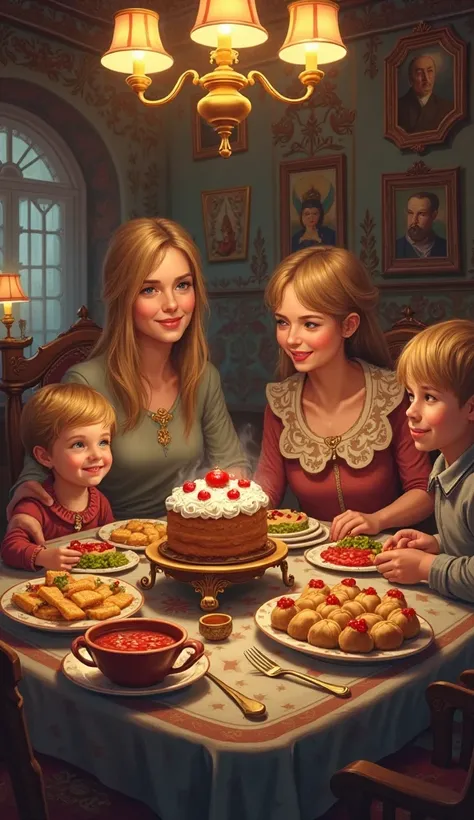 Scene of a happy Russian family sitting at the dining table, with rich food and warm lights