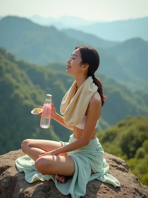 hydration Water Bottle Yoga Fresh woman Dumpling fashionable Towel around neck On top of the mountain high angle