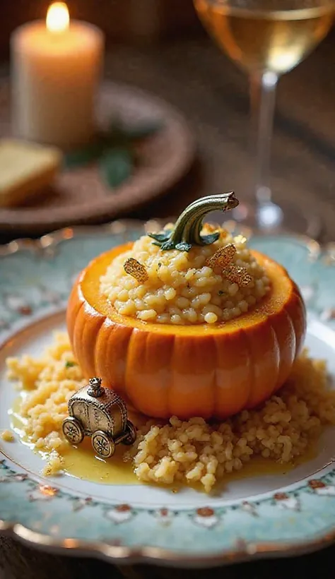 A luxurious pumpkin risotto infused with black truffle and Parmesan Reggiano, served in an elegantly carved miniature pumpkin. T...